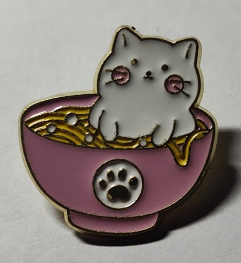 Cute White Cat In A Noodle Bowl Pin Kitty Lapel Hat Brooch